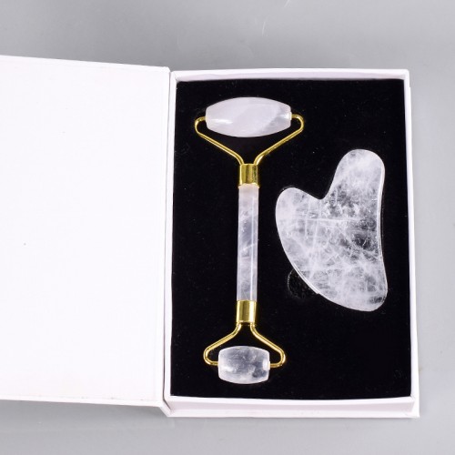 Anti Aging Natural Double Head Clear Quartz Face Roller And Gua Sha Set