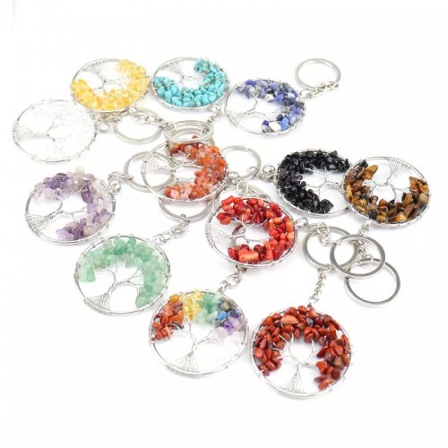 Wholesale Crystal Key Ring Silver Wire Winding Tree of Life Seven Chakra key chain for Ornaments